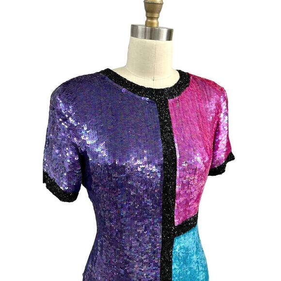 Stunning Neiman Marcus Bright Colorblock Sequin Dress Power Shoulders 1980s Sz S - Picture 5 of 8